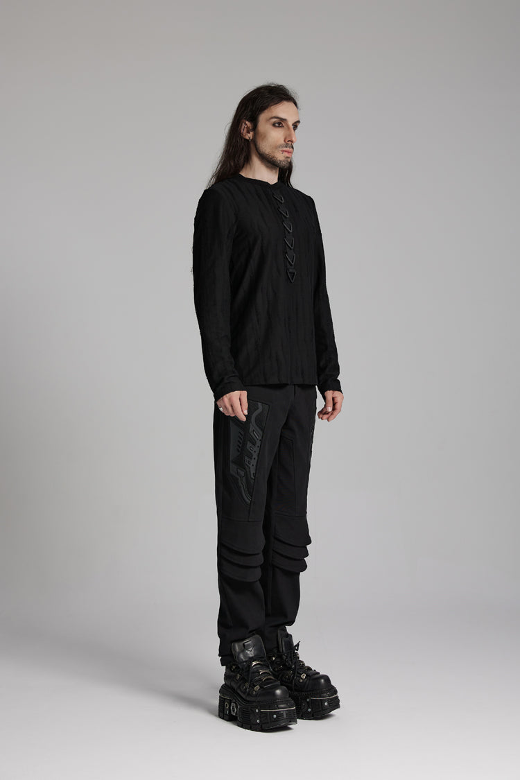 Black Round Collar Long Sleeves Triangle Buckle Men's Punk T-Shirt - Product - 2