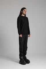 Black Round Collar Long Sleeves Triangle Buckle Men's Punk T-Shirt - Product - 2