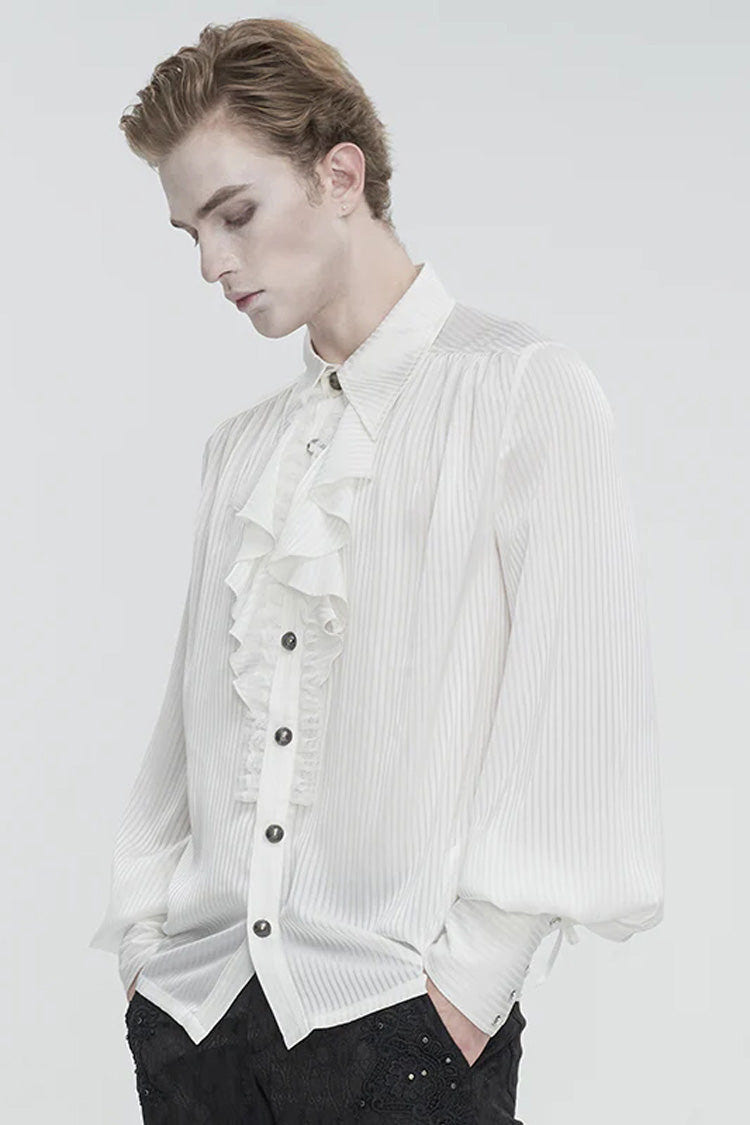 White Puff Sleeved Ruffled Lace Splice Men's Gothic Shirt - Product - 4