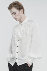 White Puff Sleeved Ruffled Lace Splice Men's Gothic Shirt - Product - 4