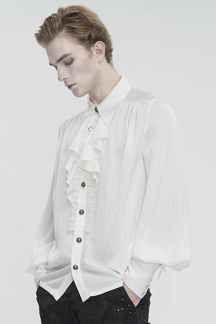 White Puff Sleeved Ruffled Lace Splice Men's Gothic Shirt - Product - 4