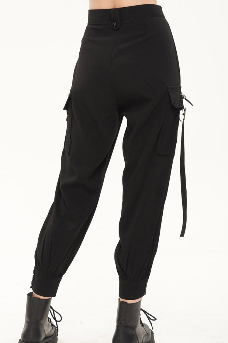 Black Punk Multi Pocket Skull Head Decoration Trouser Leg Opening Tie Women's Long Pants - Product - 2