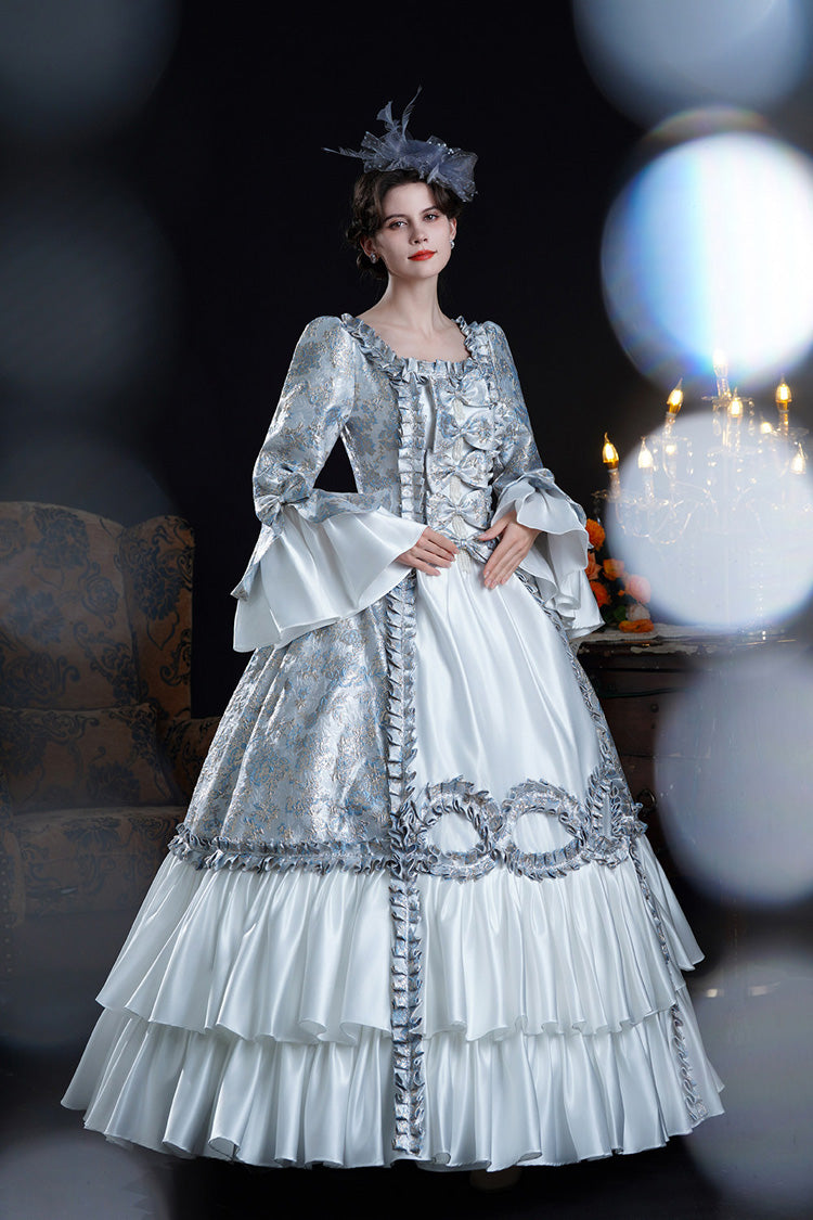 Blue Square Collar Long Trumpet Sleeves Double-Layered Ruffled Embroidered Open-Front Bow Classic Vintage Palace Lolita Victorian Dress - Product - 7