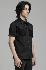Black Lapel Collar Short Sleeves Mesh Stitching Men's Punk Blouse - Product - 2