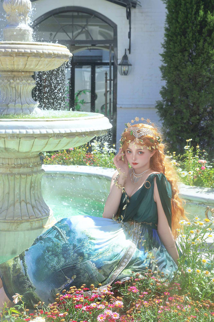 Green [Grace in Favor] V Collar Sleeveless Oil Painting Printed Sweet Lolita Jsk Dress - Product - 4