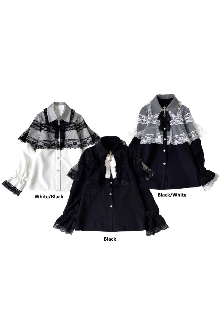 [Mist Veil] Long Sleeves Hollow Lace Jirai Kei Blouse 3 Colors - Black/White - 3