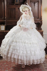 White [Dreamy Waltz] Sleeveless Multi-Layered Ruffled Hanayome Bow Lace Chiffon Gothic Gorgeous Lolita Jsk Dress - White - 1