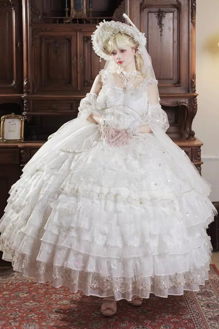 White [Dreamy Waltz] Sleeveless Multi-Layered Ruffled Hanayome Bow Lace Chiffon Gothic Gorgeous Lolita Jsk Dress - White - 1