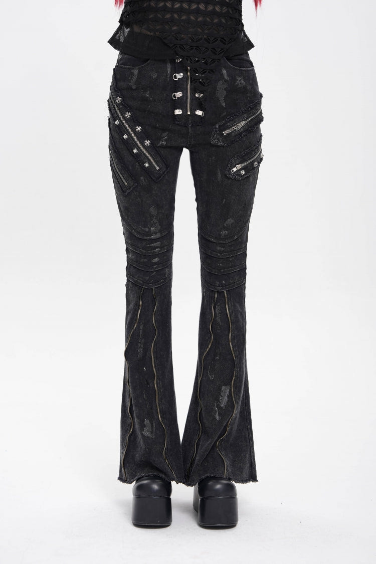 Black Zipper Pleated Women's Punk Flared Pants - Black - 1