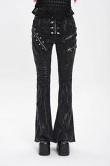 Black Zipper Pleated Women's Punk Flared Pants - Black - 1