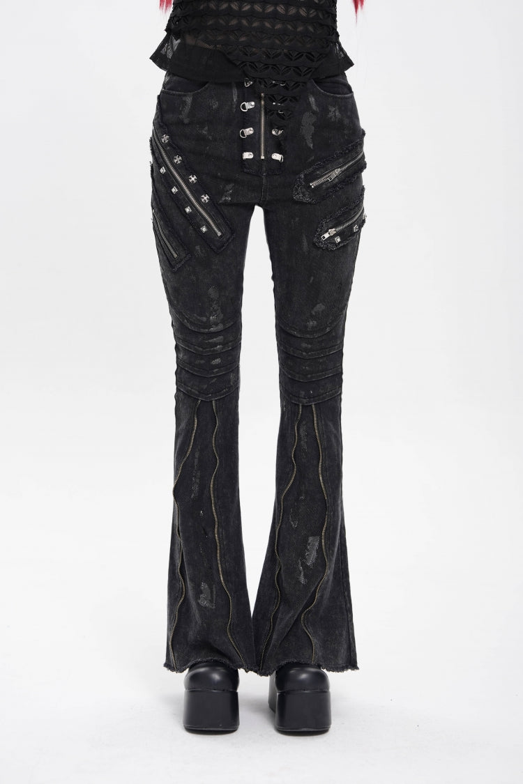 Black Zipper Pleated Women's Punk Flared Pants - Black - 1