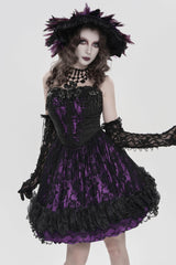 Black/Purple Off Shoulder Double-Layered Printed Cut-Out Lace Lace-Up Women's Gothic Jsk Dress - Product - 8