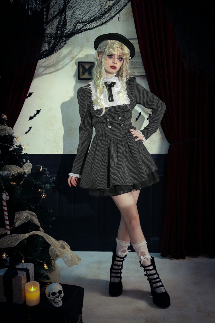 Black/White Striped Ruffled Lace Stand Collar Bow Long Sleeves Lace-Up Women's Gothic Lolita Graduation Dress - Product - 17