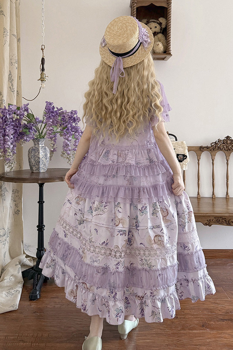 Purple [Pea Squirrel] Sleeveless Multi-Layered Pastoral Print Ruffle Embroidery Lace Sweet Elegant Lolita Jsk Dress - Product - 4