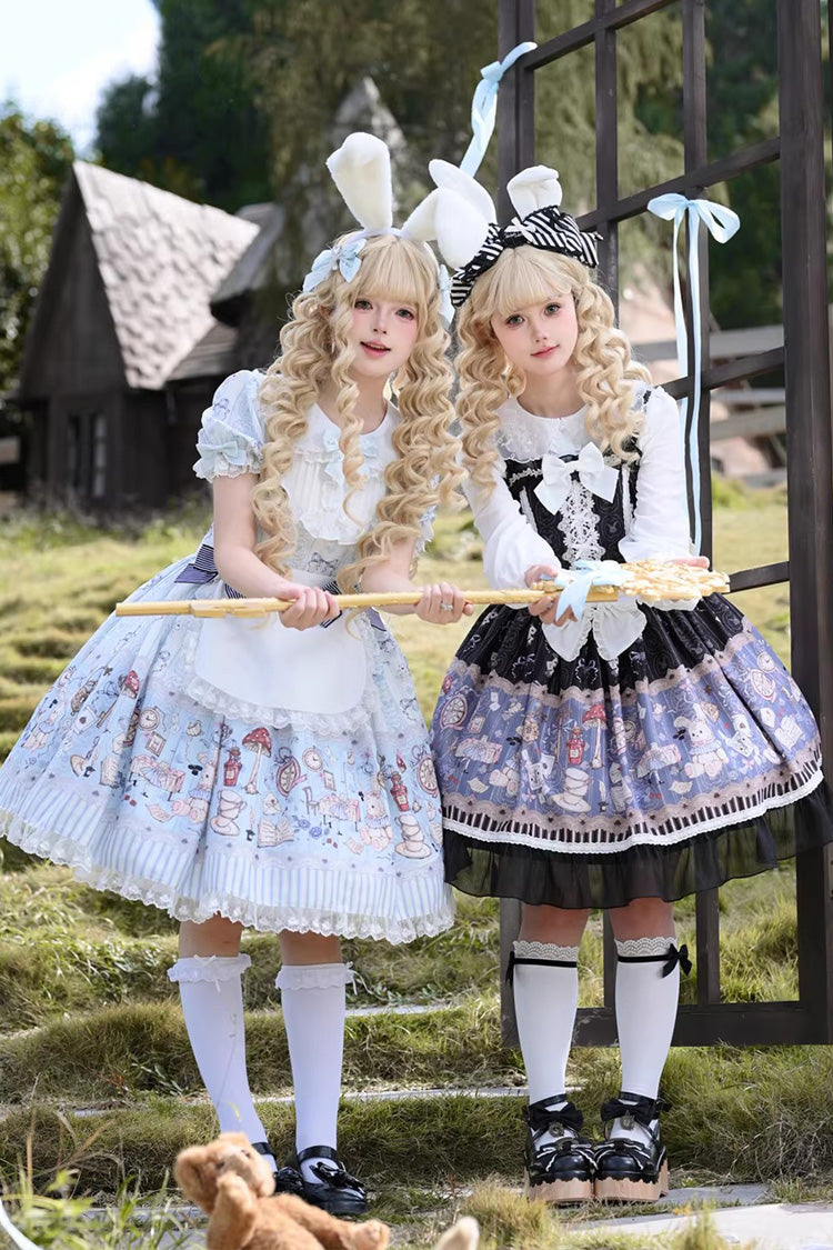 Light Blue [Alice’s Fantasy Tale] Doll Collar Short Sleeves Printed Bow Sweet Lolita Dress - Product - 4
