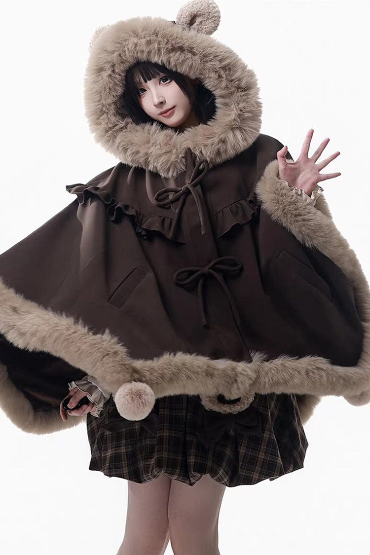 ブラウン [Fluffy Little Bear] チェック プリント フリル リボン スウィートロリータ ストラップ ワンピース 商品画像
