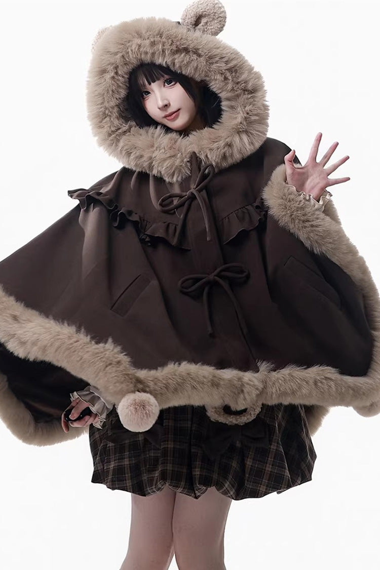 Brown [Fluffy Little Bear] Plaid Printed Ruffled Bow Sweet Lolita Strap Dress - Product - 6