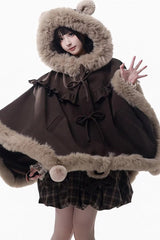 Brown [Fluffy Little Bear] Plaid Printed Ruffled Bow Sweet Lolita Strap Dress - Product - 6