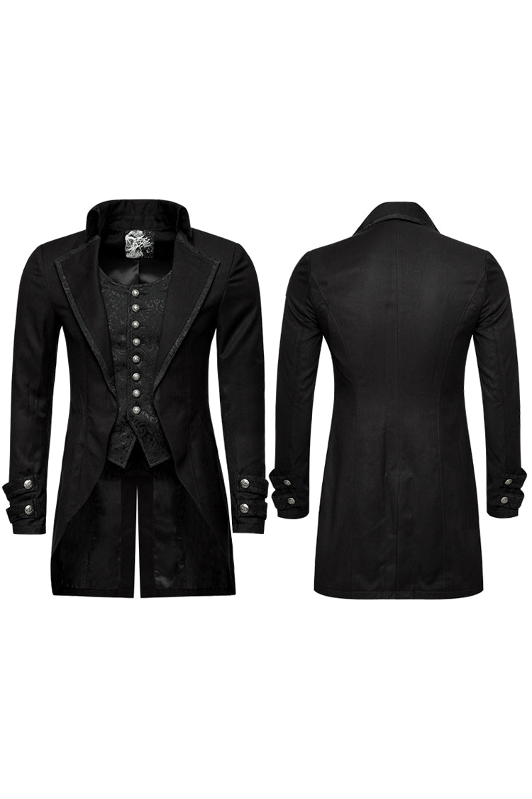 Black Fake Two-Pieces Metal Button Long Sleeves Jacquard Print Mens Gothic Coat - Product - 5