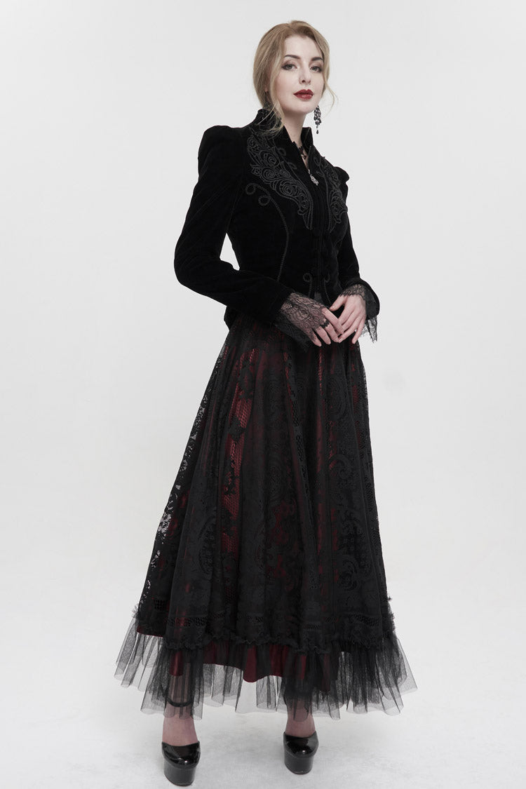 Black Stand Collar Velvet Appliqu On Chest Pendant Zipper Autumn And Winter Short Long Sleeve Women's Gothic Jacket - Product - 4