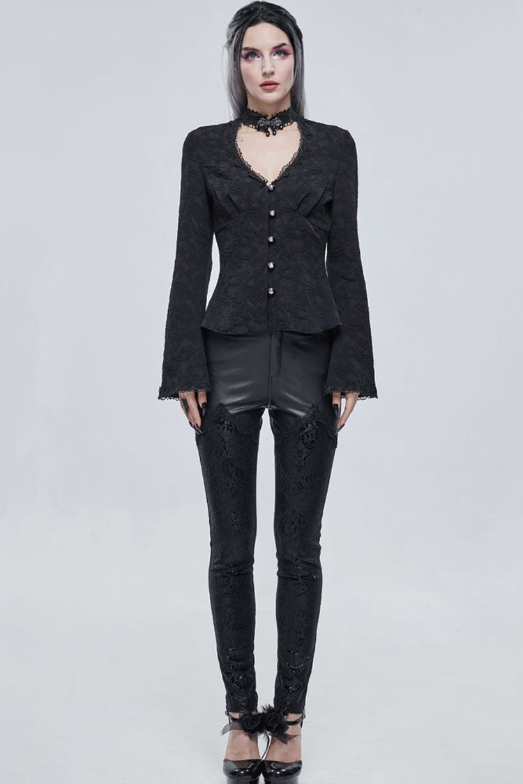 Black Gothic V-Neck Metal Buttons Pendant Lace Jacquard Frenulum Long Sleeves Women's Shirt - Product - 5
