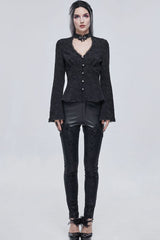 Black Gothic V-Neck Metal Buttons Pendant Lace Jacquard Frenulum Long Sleeves Women's Shirt - Product - 5