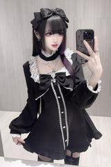 Black [Twilight Prelude] Long Sleeves Ruffled Bow Lace Jirai Kei Japanese Dress and Shorts Set - Product - 5