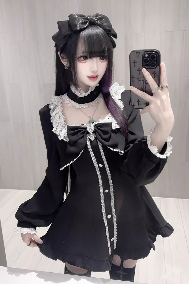 Black [Twilight Prelude] Long Sleeves Ruffled Bow Lace Jirai Kei Japanese Dress and Shorts Set - Product - 5