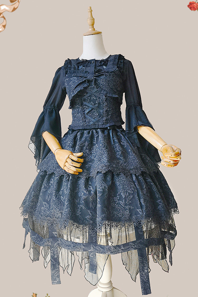Black [Apprentice Witch] Double-Layered Ruffle Lace Gothic Lolita Skirt - Product - 9