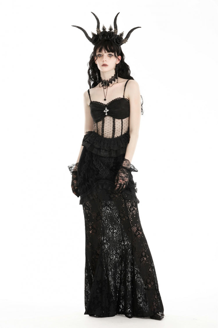 Black Spaghetti Straps Sheer Double-Layered Ruffled Lace Women's Gothic Top - Product - 8