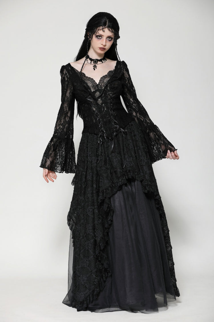 Black Deep V Collar Long Trumpet Sleeves Lace Lace-Up Women's Gothic Corset Top - Product - 11