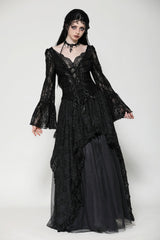 Black Deep V Collar Long Trumpet Sleeves Lace Lace-Up Women's Gothic Corset Top - Product - 11