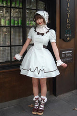 Light Green [Mint Prescription] Stand Collar Short Sleeves Vertical Stripe Printed Bow Sweet Lolita Nurse Dress - Product - 15