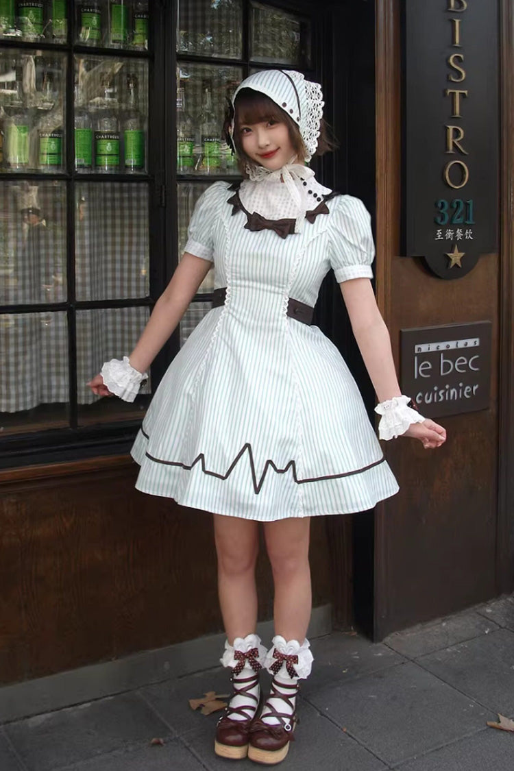 Light Green [Mint Prescription] Stand Collar Short Sleeves Vertical Stripe Printed Bow Sweet Lolita Nurse Dress - Product - 15