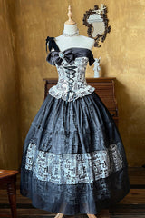 Black [Pin-Up Girl] Boat Neck Printed Ruffled Bow Lace-Up Asymmetric Gothic Elegant Lolita Skirt Set - Product - 2
