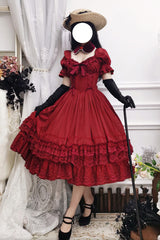 Red Short Puff Sleeves Multi-Layered Ruffle Bowknot Classic Vintage Lolita Dress - Product - 9