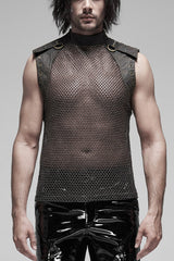 High Collar Sleeveless Rivet Decoration Sheer Mesh Men's Steampunk Vest 2 Colors - Brown/Glod - 9