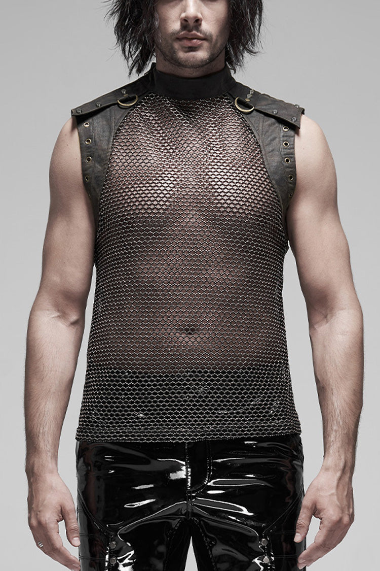 High Collar Sleeveless Rivet Decoration Sheer Mesh Men's Steampunk Vest 2 Colors - Brown/Glod - 9