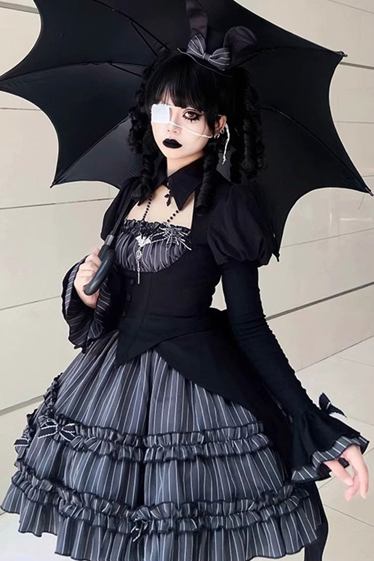 Black [Duke of the Trap Rabbit] Long Sleeves Stripe Print Ruffle Bowknot Lace Gothic Lolita Dress - Product - 11