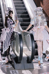 Blue/Pink Short Sleeves Weird Theater Print Ruffle Bowknot Sweet Lolita Dress - Product - 9