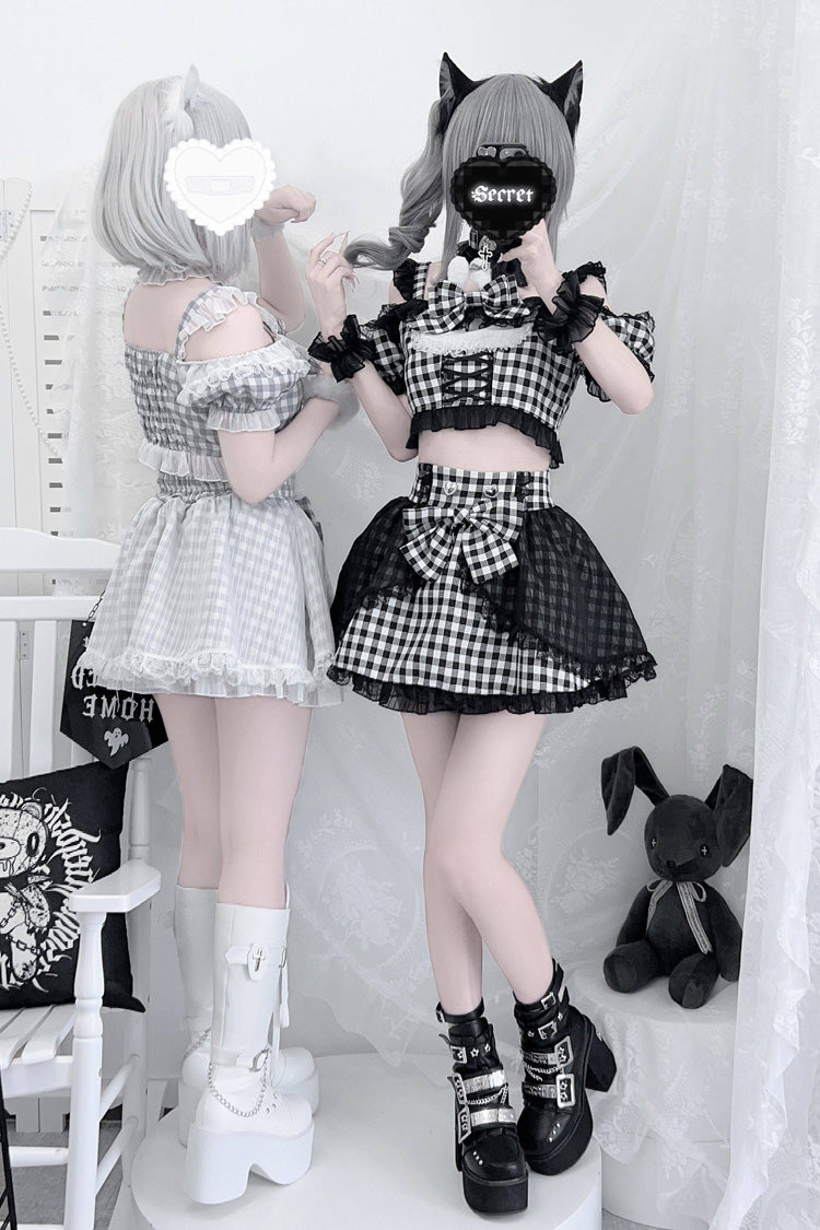 [Night Rabbit Dream] Short Sleeves Plaid Printed Ruffled Open-Front Bow Lace-Up Sweet Jirai Kei Japanese Skirt Set - Product - 12