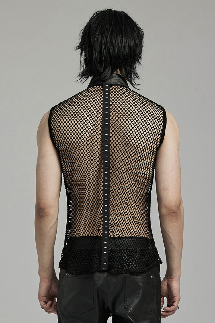 Black Stand Collar Sleeveless Straps Mesh Buckle Men's Punk Vest - Product - 3