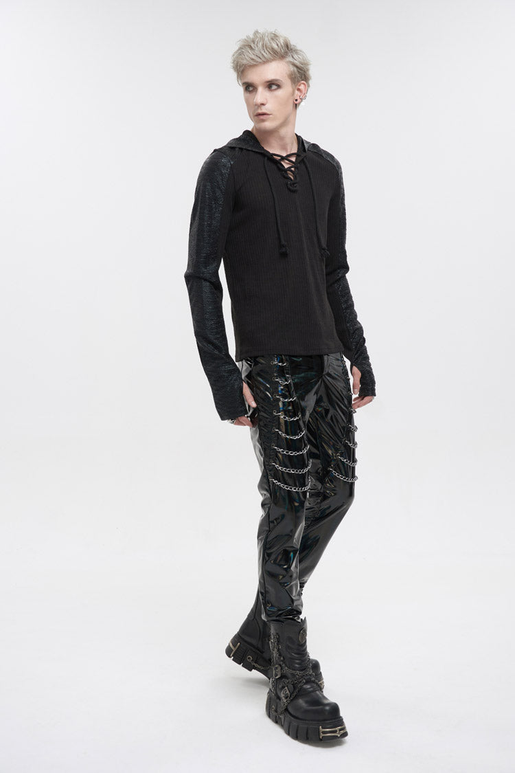 Black Trendy Dark Tether V-Neck Panel Knit Hooded Men's Punk T-Shirt - Product - 2