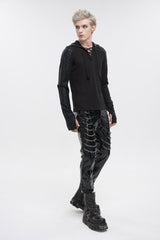 Black Trendy Dark Tether V-Neck Panel Knit Hooded Men's Punk T-Shirt - Product - 2