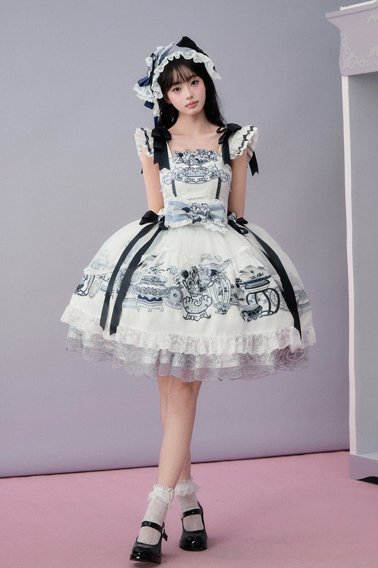 Blue/White [Celadon Jade Cup] Square Collar Flutter Sleeves Printed Ruffled Embroidered Bow Lace Classic Chinese Inspired Lolita Jsk Dress - Product - 7
