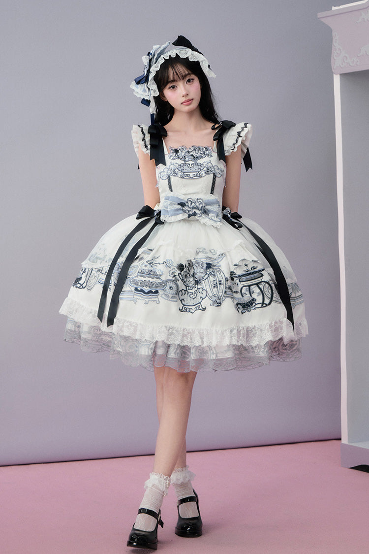Blue/White [Celadon Jade Cup] Square Collar Flutter Sleeves Printed Ruffled Embroidered Bow Lace Classic Chinese Inspired Lolita Jsk Dress - Product - 7