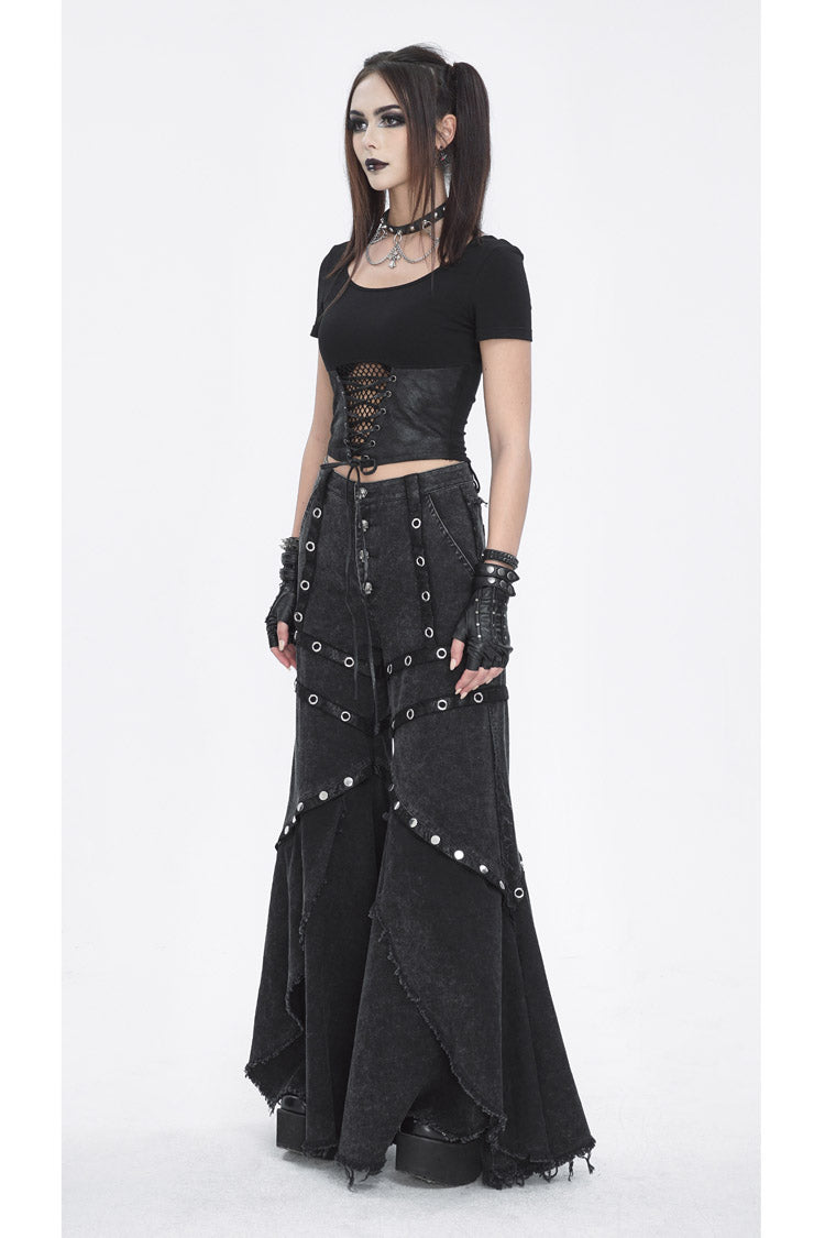 Black Mesh Eyelets Ruffled Flared Womens Punk Pants - Product - 6