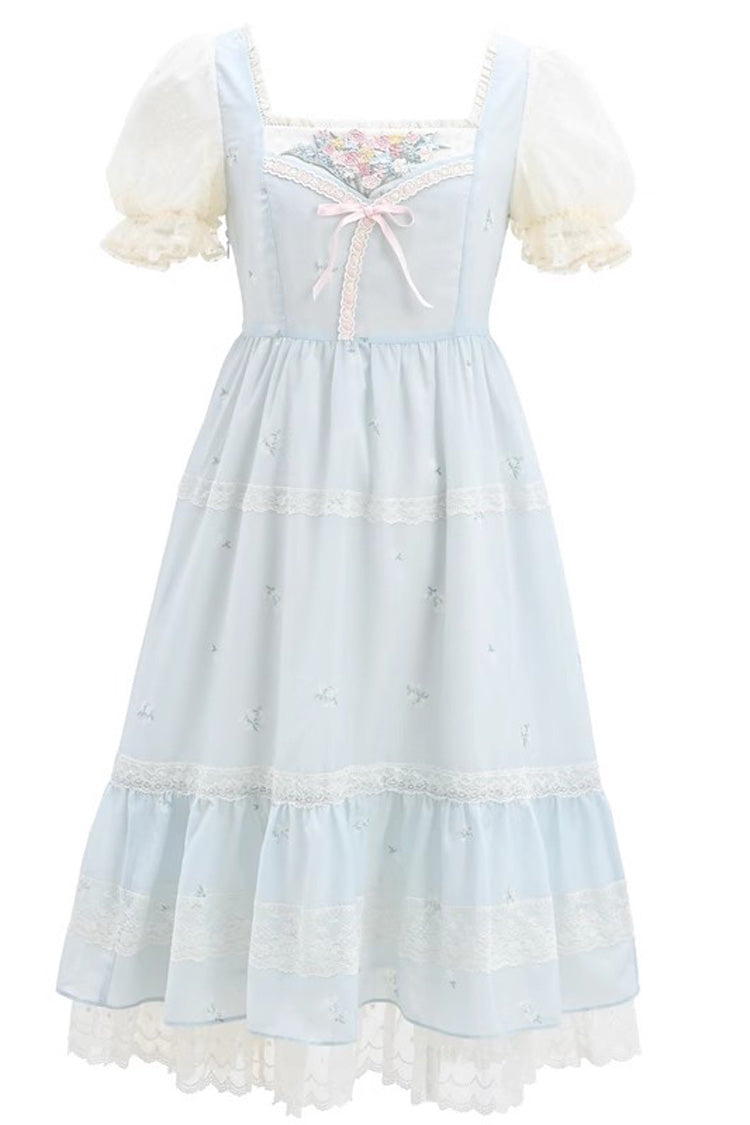 Blue Short Sleeves Embroidery Bowknot Lace Sweet Princess Lolita Dress - Product - 3