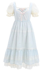 Blue Short Sleeves Embroidery Bowknot Lace Sweet Princess Lolita Dress - Product - 3
