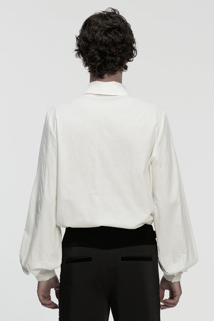 White Lapel Collar Long Puff Sleeves Men's Gothic Blouse with Detachable Necktie White - Product - 3